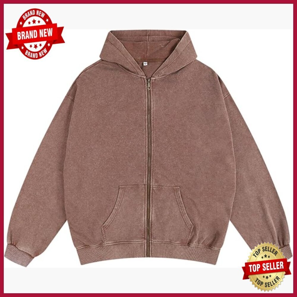 Oversized Vintage Cotton Zip Up Hoodie Distressed Long Sleeve Loose Fit